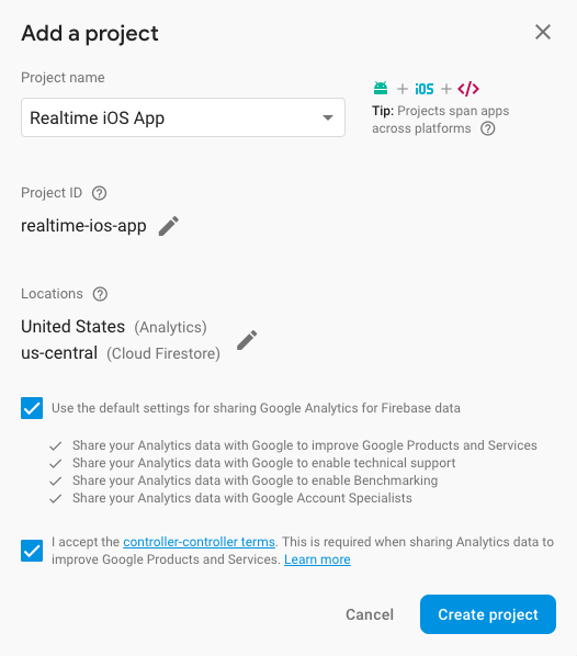 firebase create project