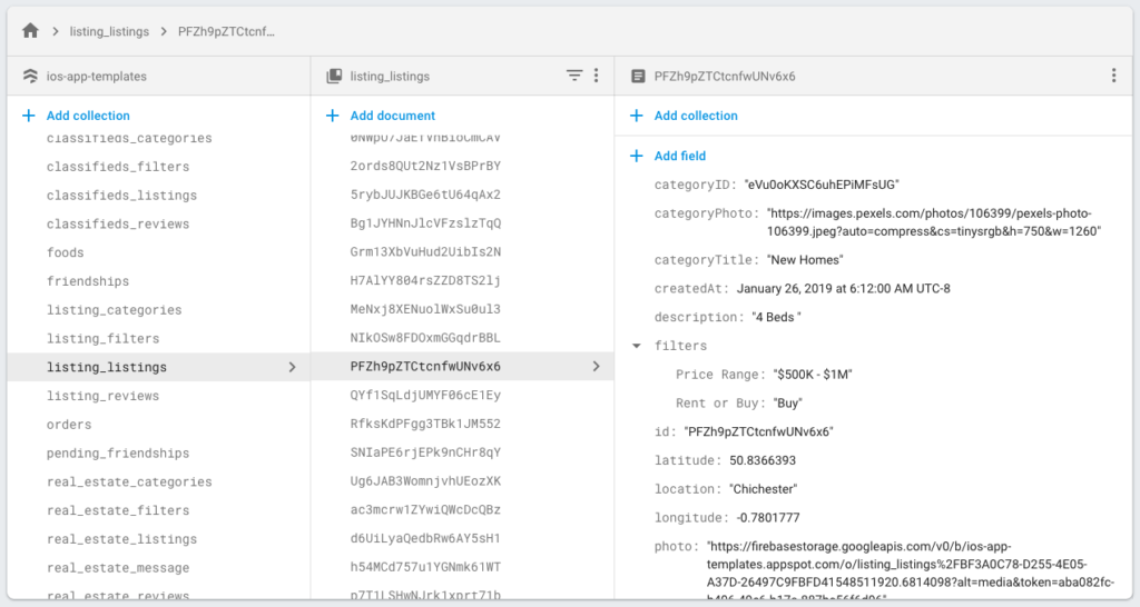 Listings in Firestore