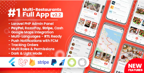 Food Delivery Flutter + PHP Laravel Admin Panel
